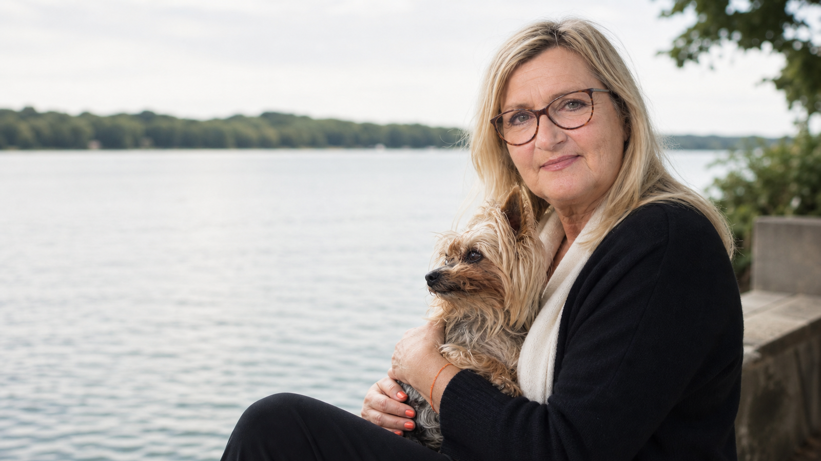 Gabriele Parolini sitzt mit ihrer Hündin Jenny an einem ruhigen See
